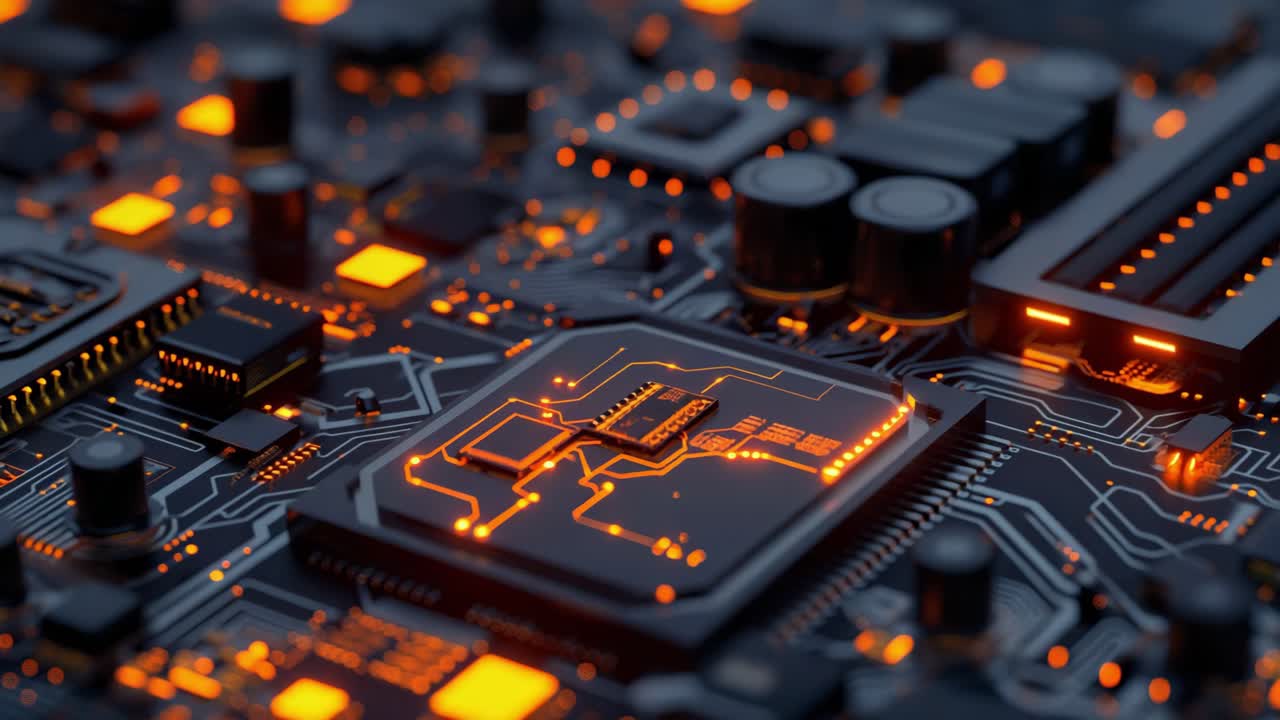 Close up view of a complex electronic circuit board featuring a central processing unit with illuminating orange lights, highlighting the intricate connections and components