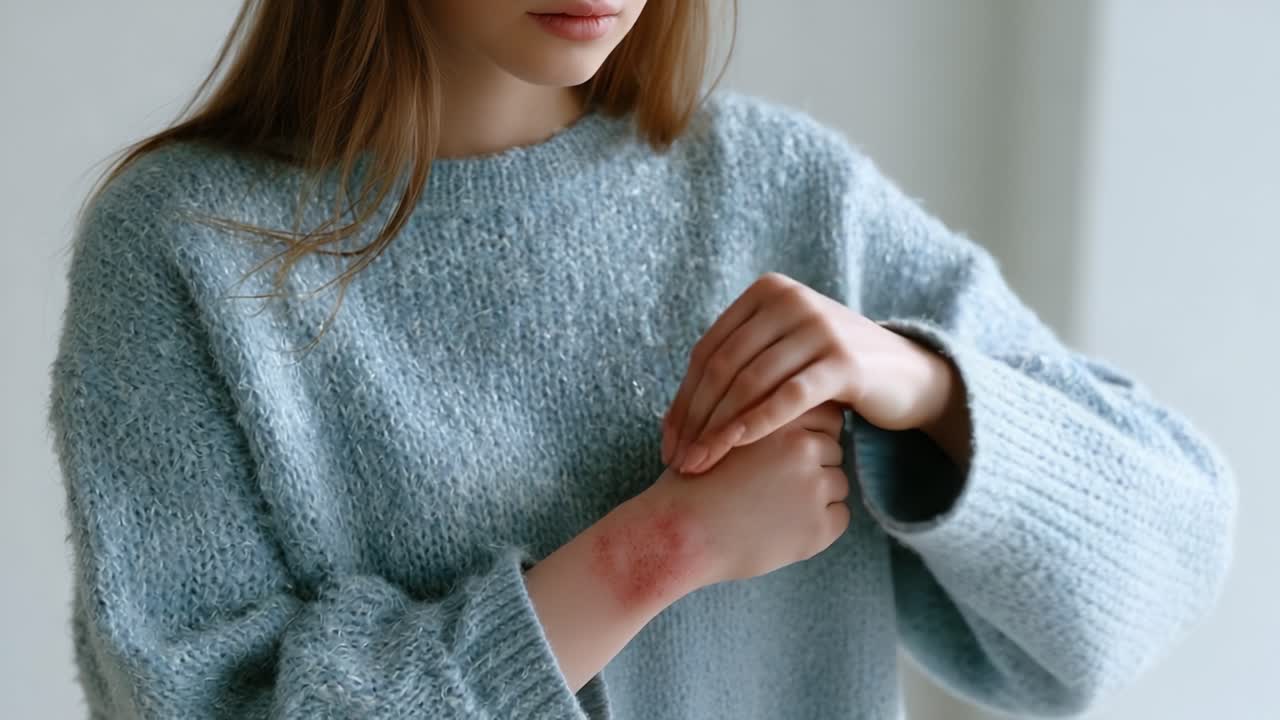 Un momento di riflessione mostra una giovane donna con un maglione morbido e testurizzato, che si tiene delicatamente il braccio con un'irritazione cutanea visibile, evocando emozioni di vulnerabilità e introspezione.