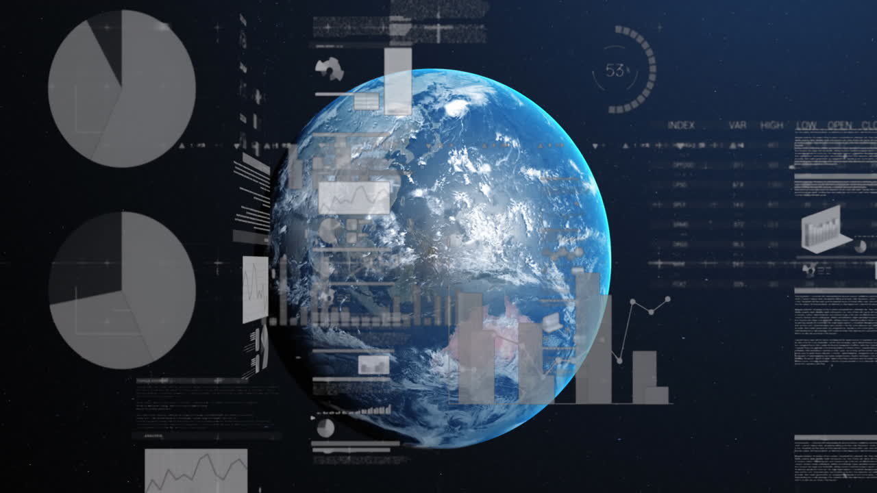 Animation of statistics and financial data processing over globe