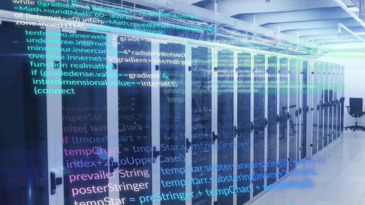 In school, animation showing data servers overlaying in modern technology facility