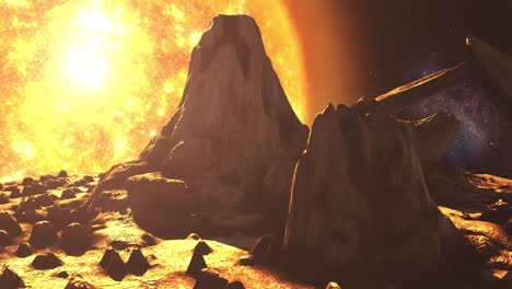 alien planet landscape with a giant sun