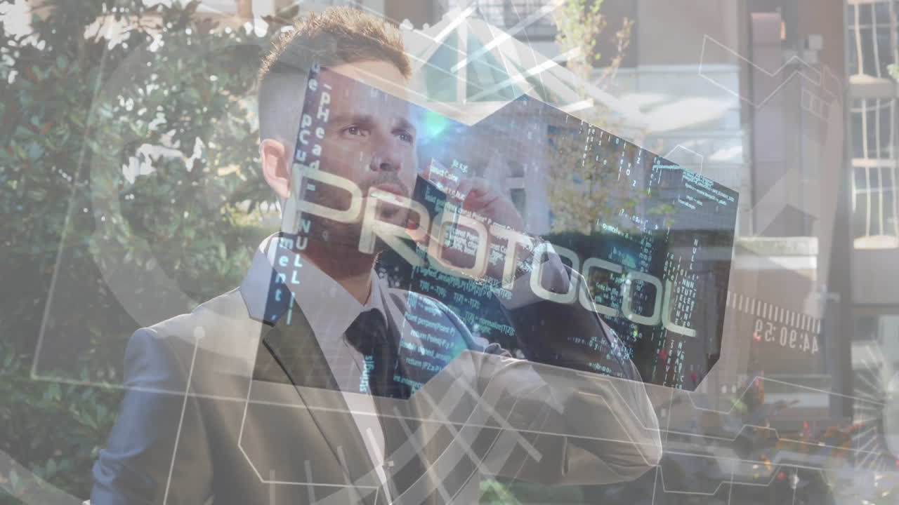 Businessman talking on phone with protocol data processing animation over cityscape