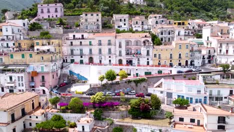 aerial dolly out reveal of an italian village in amalfi coast