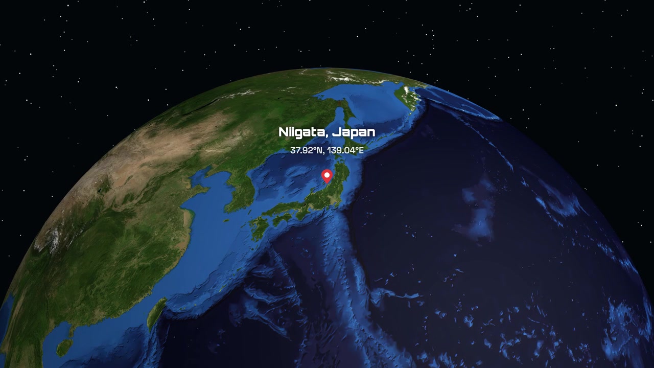 Digital animation zooms from space into Japan, highlighting Niigata with a red location marker