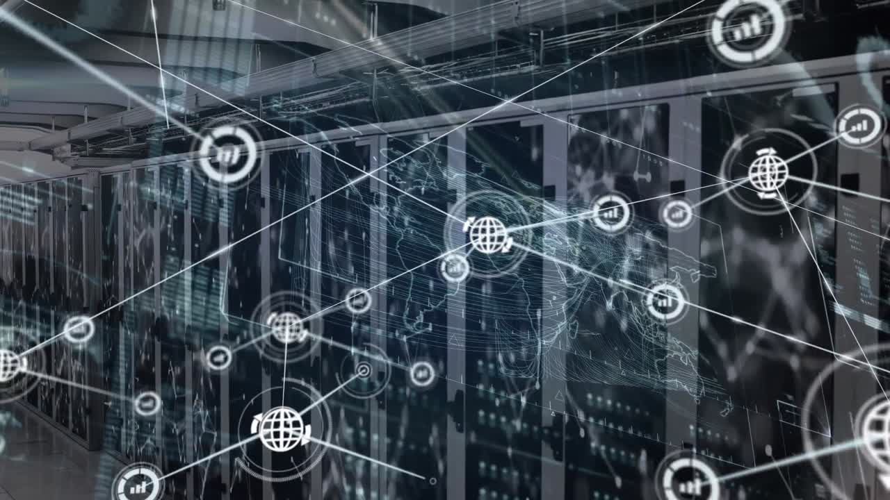Animation of network of connections with icons and data processing over server room