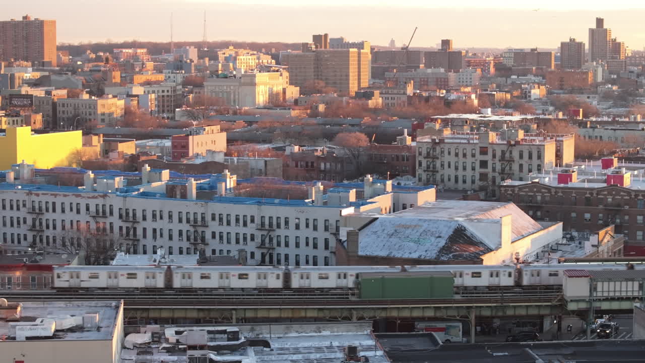 Aerial view of the subway in Brooklyn. Shot in New York City on a winter morning.