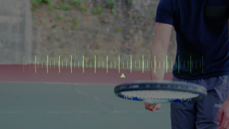 man gripping tennis racket at court edge, displaying technology measurement overlay graphic