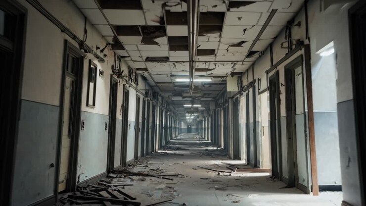 Un pasillo abandonado revela paredes deterioradas y escombros dispersos, mostrando la inquietante belleza de la decadencia y el abandono en un edificio vacío.