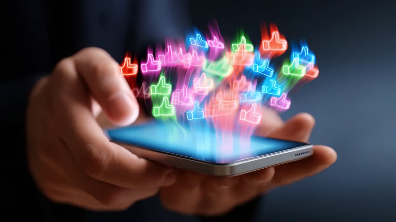 A Dynamic Display of Digital Approval: A Close-Up of a Hand Holding a Smartphone Surrounded by Colorful Floating Likes Representing Social Media Engagement and Connectivity