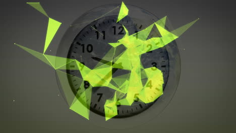 analog clock with abstract green geometric shapes animation in background