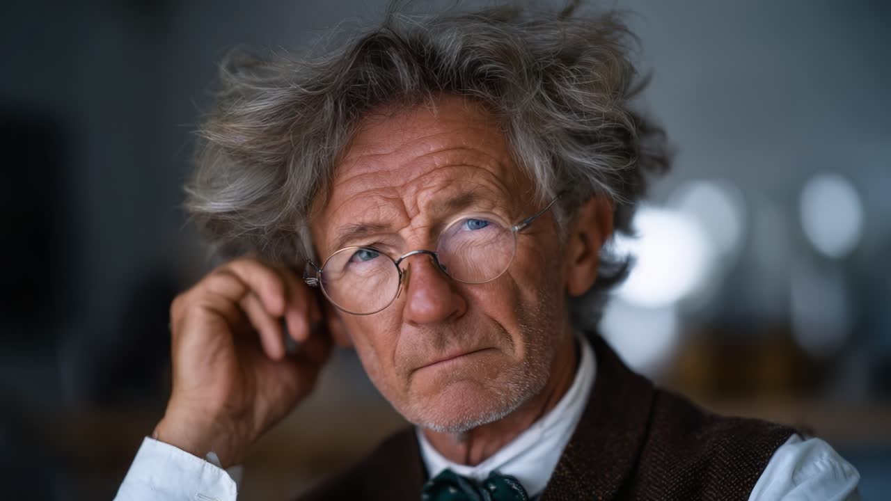 Reflective Elderly Man with Distinctive Hair and Glasses in a Thoughtful Pose, Captured in a Close-Up Portrait Emphasizing Character and Emotion