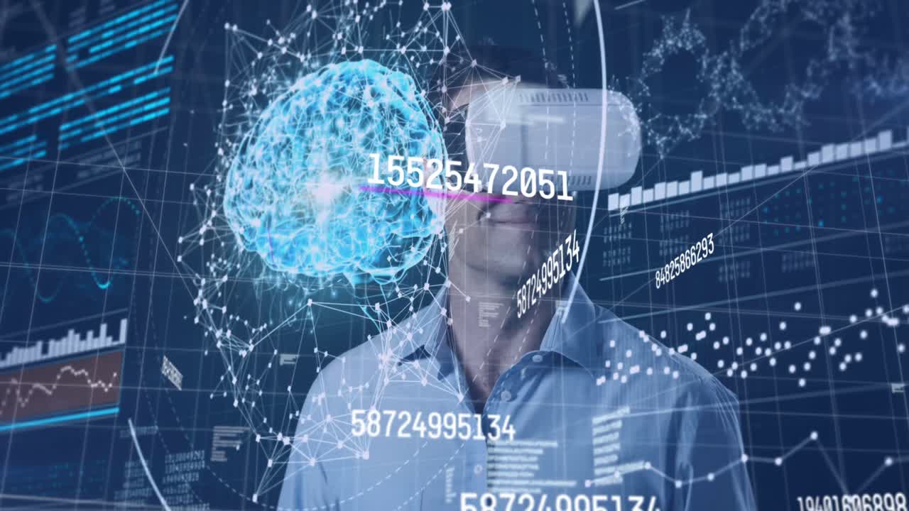 Animation of increasing numbers over caucasian man wearing vr headset and diverse data