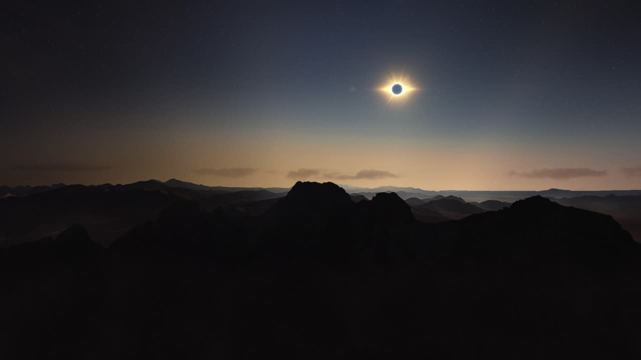 Parallax above mountains as eclipse totality moment of moon on sun flares