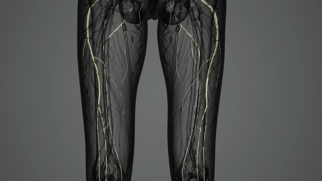 Detailed view of the nervous system in human lower limbs anatomy representation