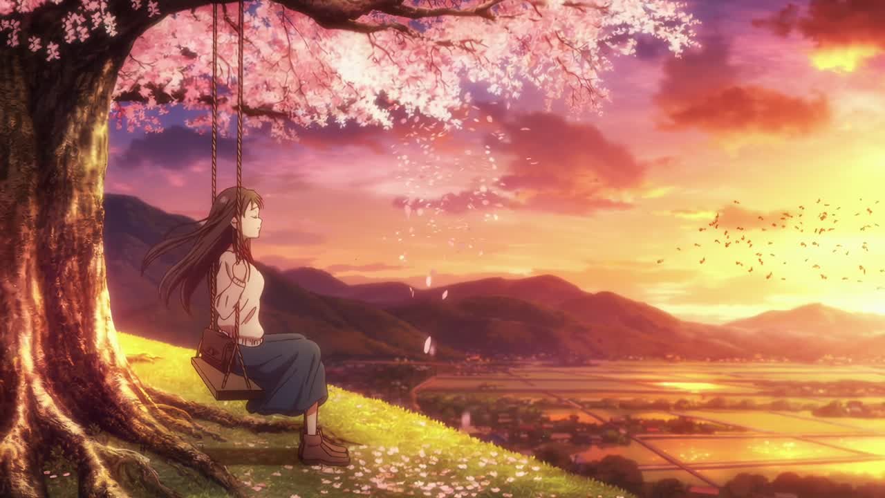 Fotogramma video in stile anime di una ragazza su un'altalena sotto i fiori di ciliegio al tramonto, angolazione laterale, Live