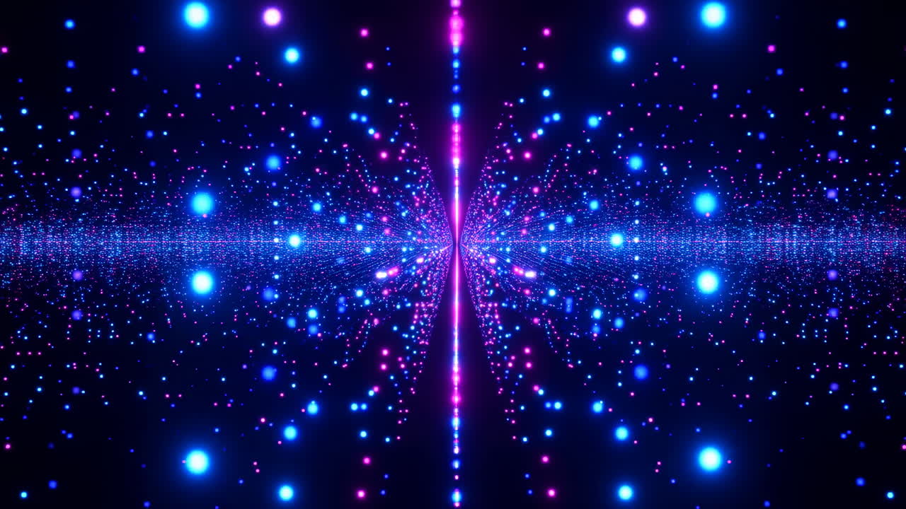 Neon Particle Tunnel With Central Column Immersive Digital Visualizer Creates Symmetrical Mirror Field Of Blue