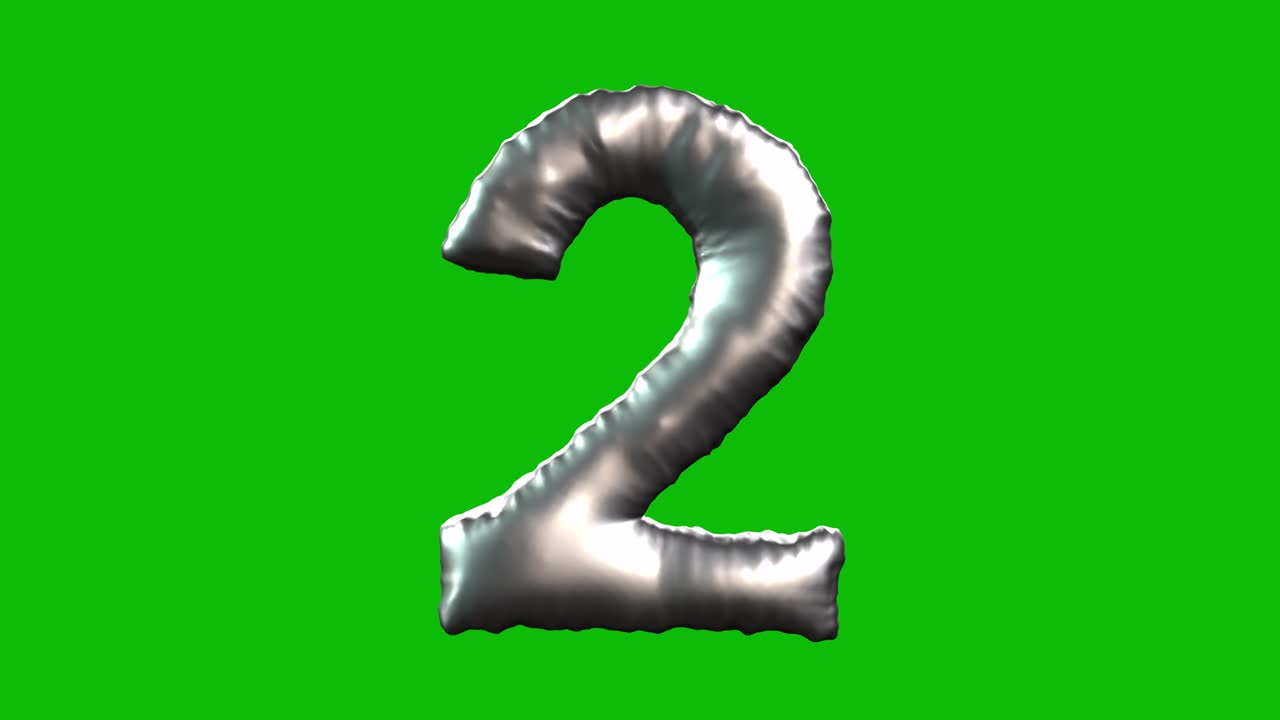 Silver Foil balloon number 2 inflates, spins, and reveals on green screen in 3D animation. Ideal for celebrations, parties, birthdays, and video editing projects