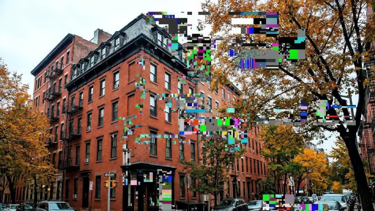 City street with brick buildings in autumn