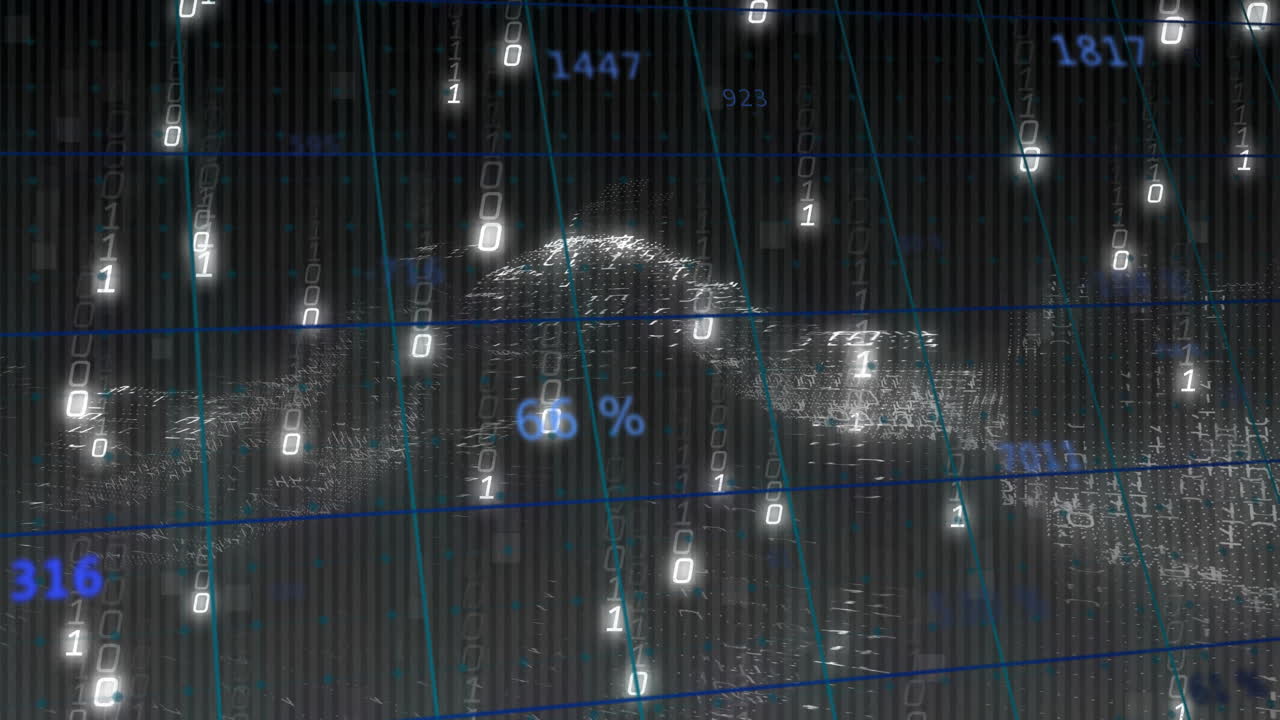 Animation of digital data and binary code overlaying abstract mountain landscape