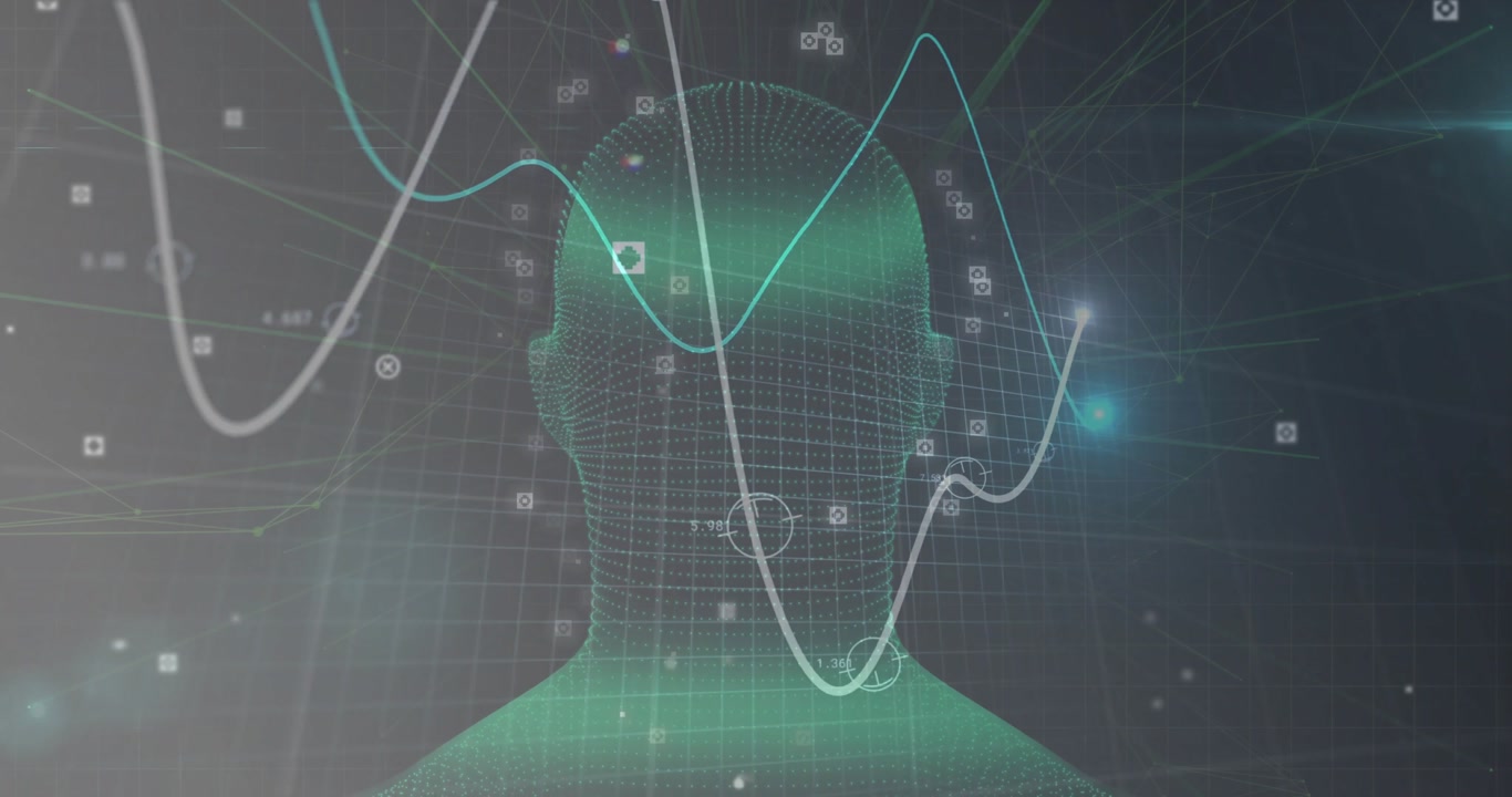 On start green 3D wireframe head rotating while white and cyan waves scanning mesh showing scan