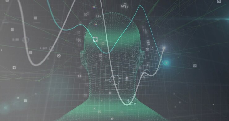 On start green 3D wireframe head rotating while white and cyan waves scanning mesh showing scan