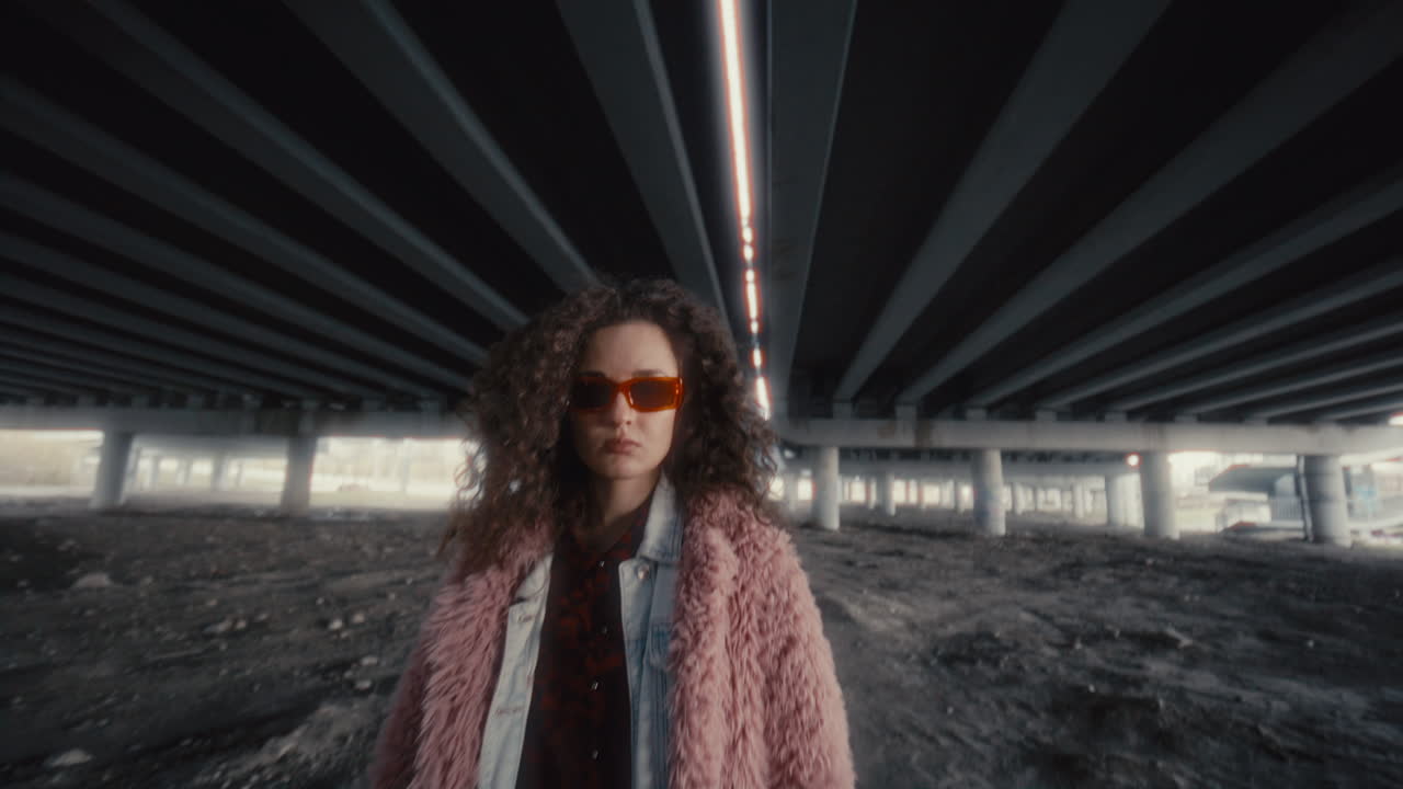 Portrait of Confident Woman under Highway Overpass with Gritty Urban Backdrop
