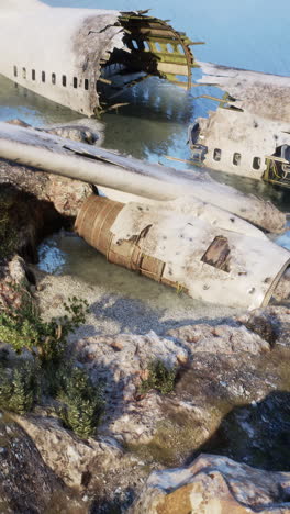 airplane wreckage on a rocky coast