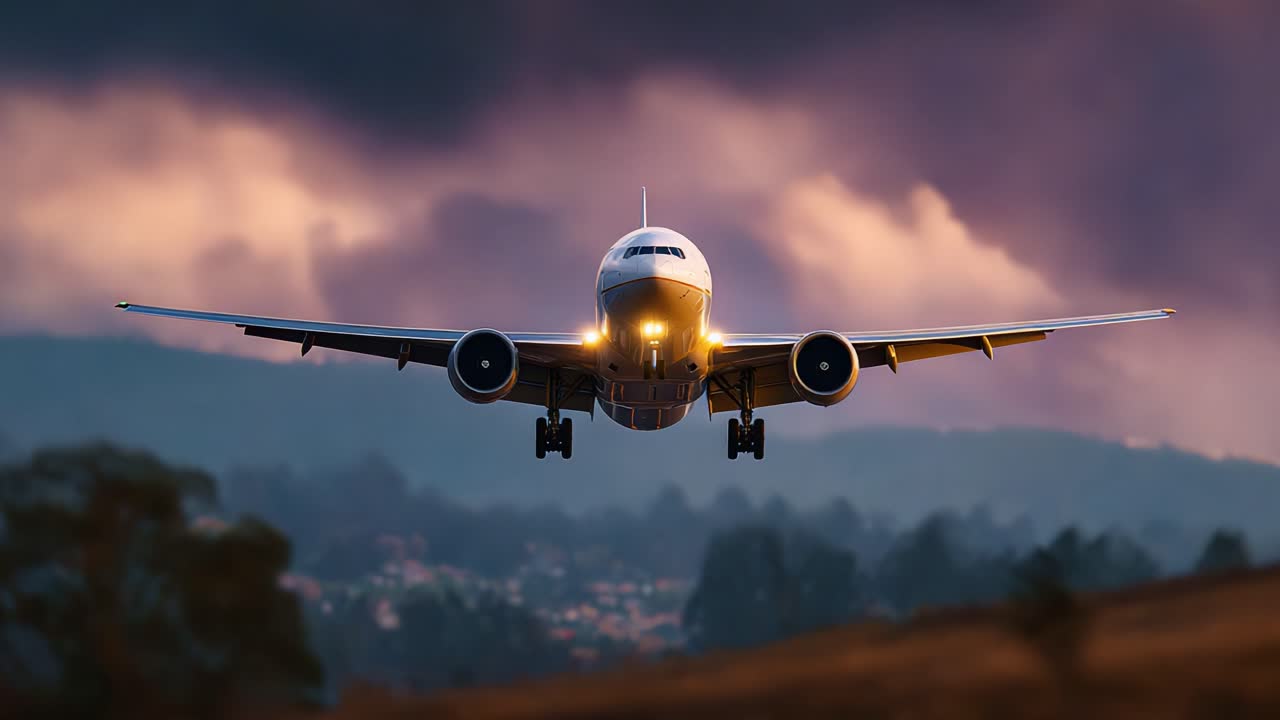 Un aereo si avvicina all'atterraggio con i fari luminosi accesi su un cielo drammatico al tramonto pieno di nuvole, mettendo in mostra il suo design e la sua potenza in volo