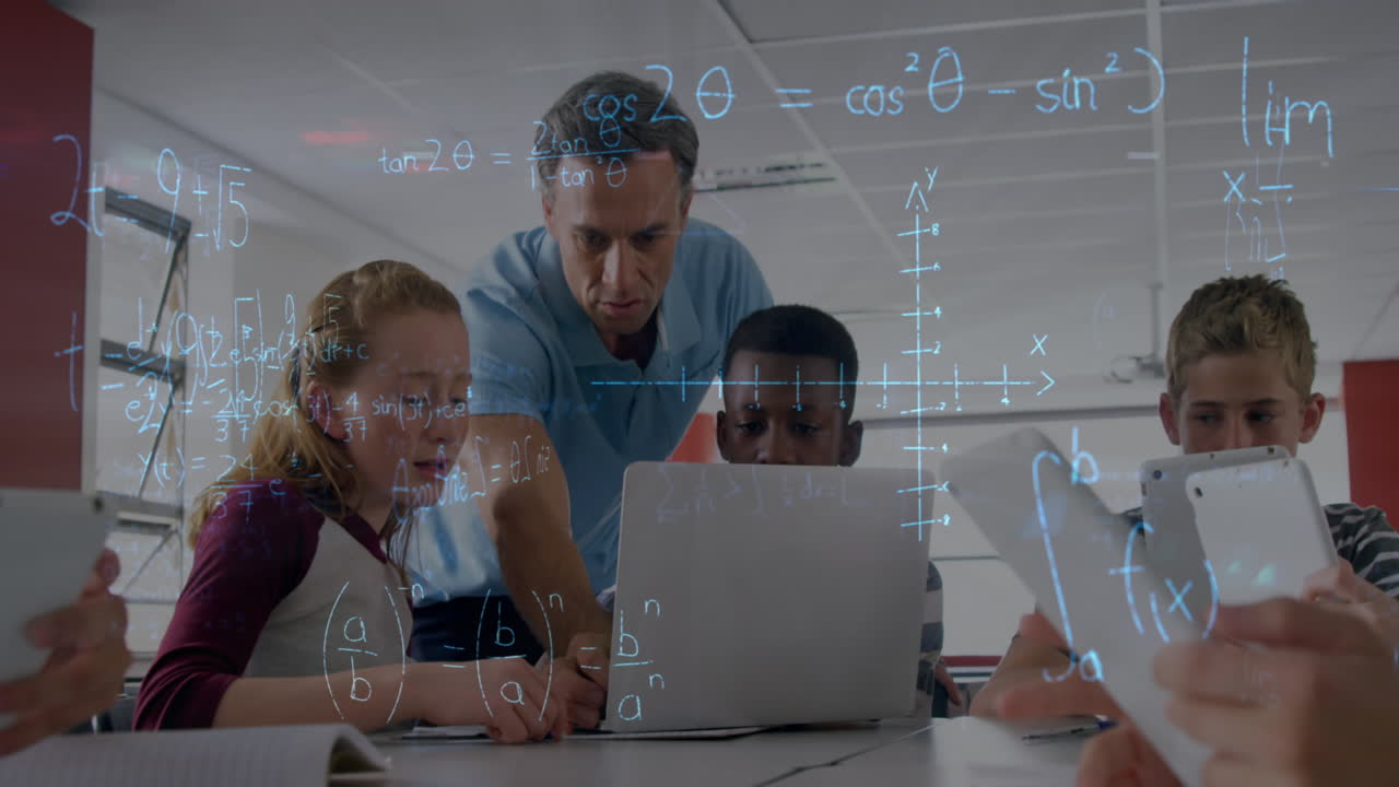 Animation of mathematical equations over school children using laptop in classroom