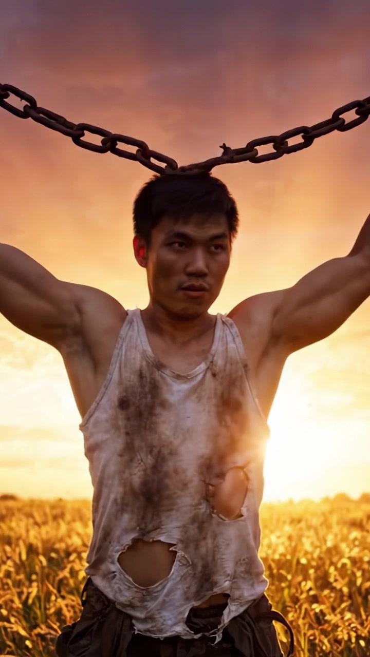 En modstandsdygtig skikkelse omfavner friheden ved solnedgang, der indfanger ånden af beslutsomhed midt i kamp, i en gennemblødt tanktop omgivet af gyldne marker.