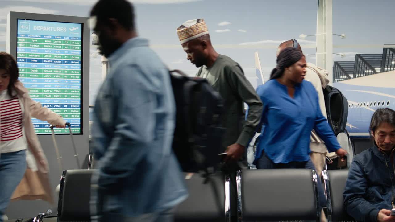 Commuting, delayed flight and upset women in airport transport hub