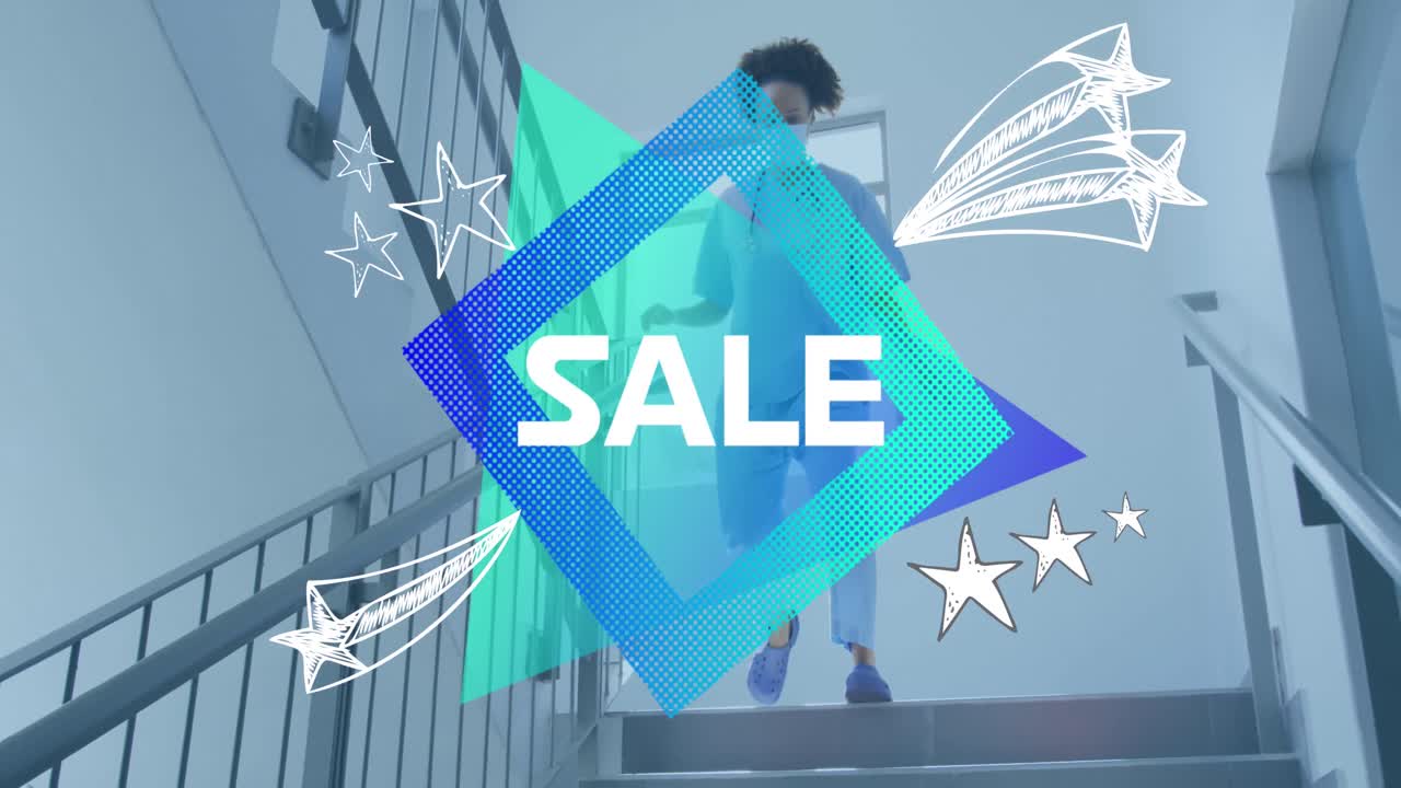 얼굴 마스크를 착용한 두 인종의 여성 의사에 대한 판매 텍스트의 애니메이션