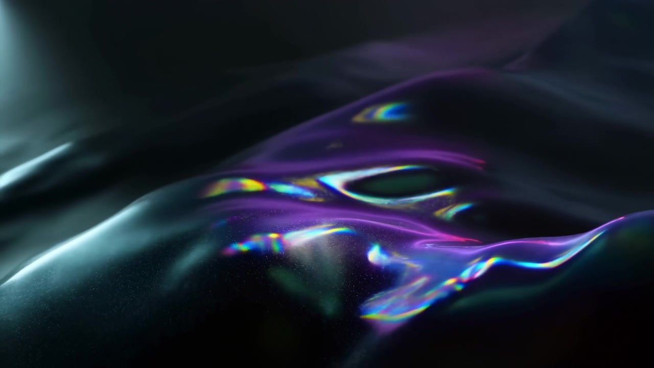 Abstract glossy fluid form with shimmering rainbow reflections across a dark background, centered slightly right and flowing diagonally with soft moody