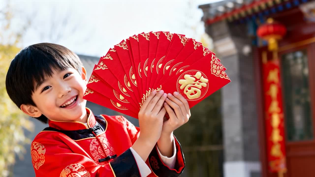 Niño sonriente con chaqueta roja ajustando un ventilador y mostrando motivos dorados en la entrada de un templo, captado por la cámara