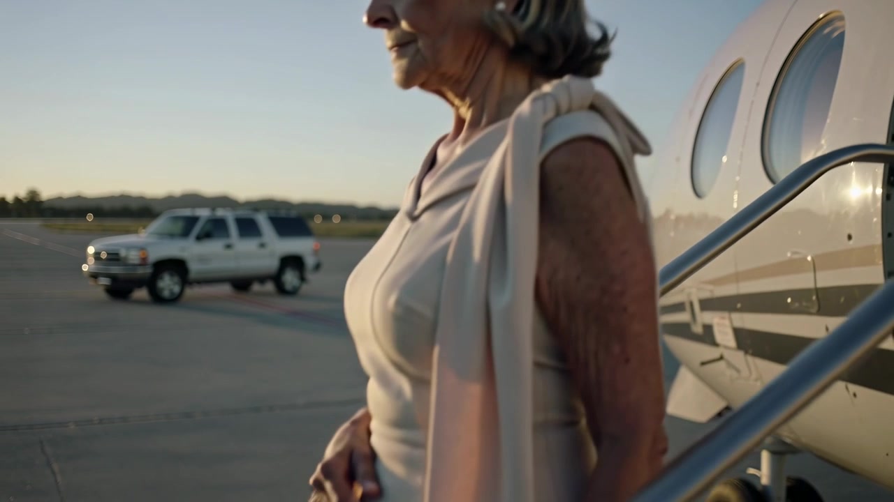 Porta abrindo, idosa descendo escada de jato em rampa para SUV, segurando no corrimão, de vestido, espaço para texto