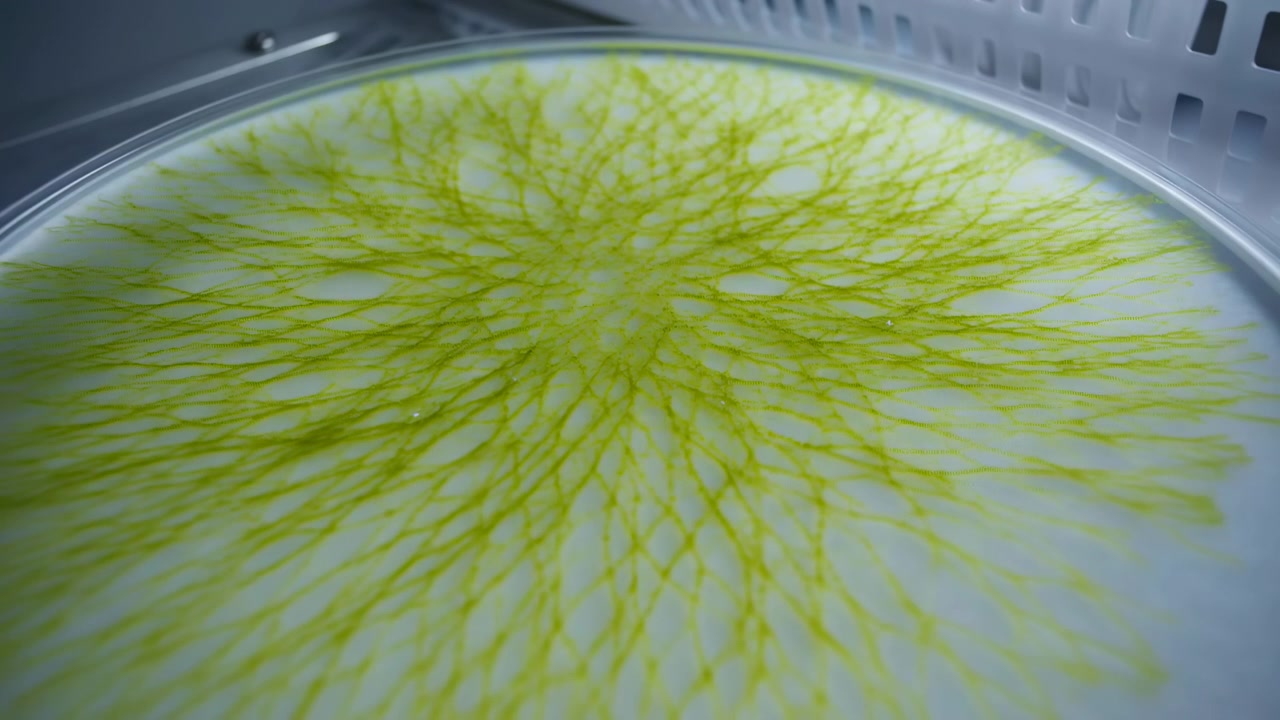 Bright yellow branching pattern expands across smooth pale gray surface inside circular metallic chamber, framed by vented rim and cool blue light, creating abstract industrial laboratory mood