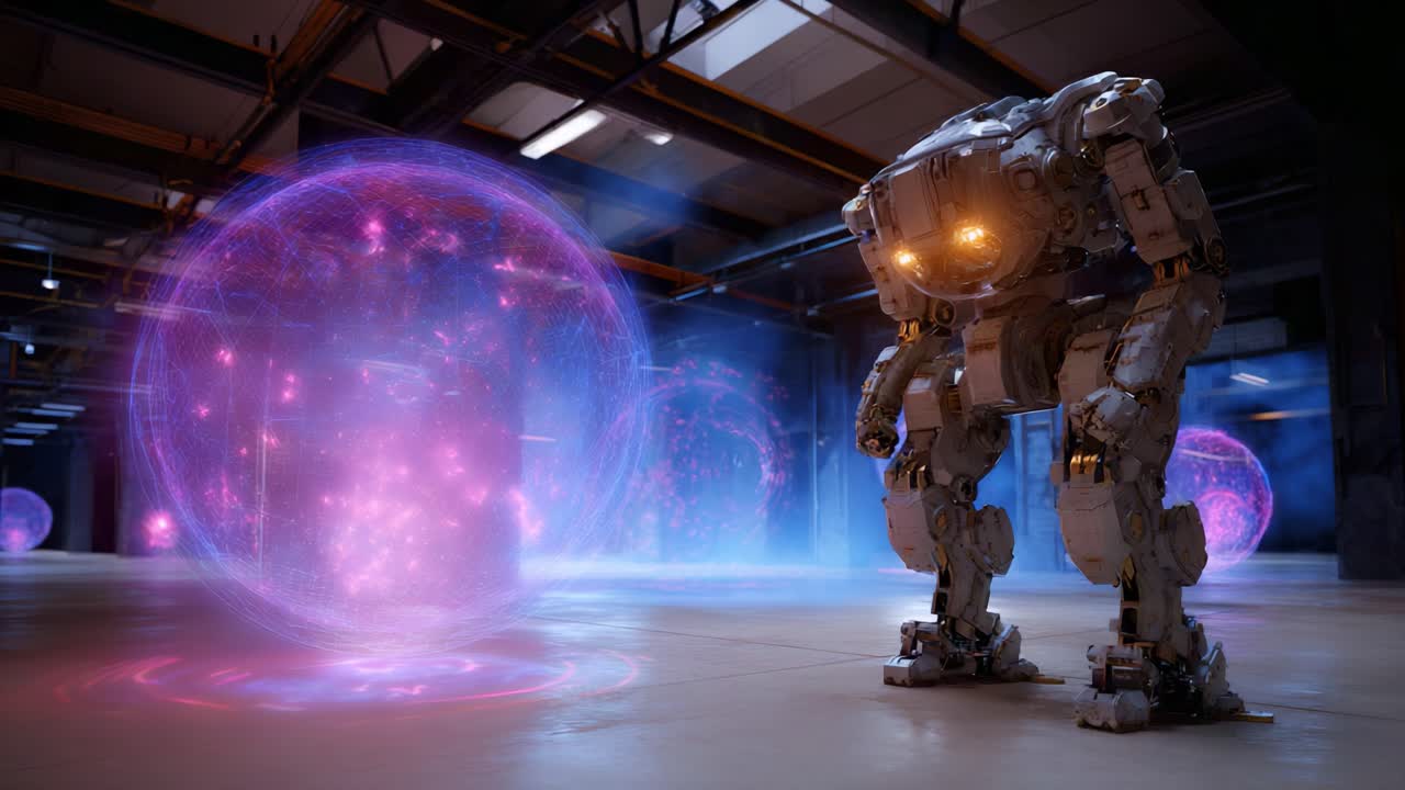 Un robot futuristico interagisce con sfere di energia luminosa in un ambiente high-tech, illustrando una miscela avanzata di tecnologia e creatività in movimento.