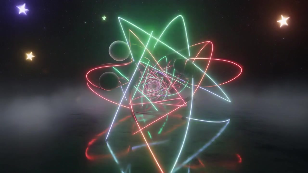 Abstract Neon Geometric Tunnel with Floating Spheres and Stars