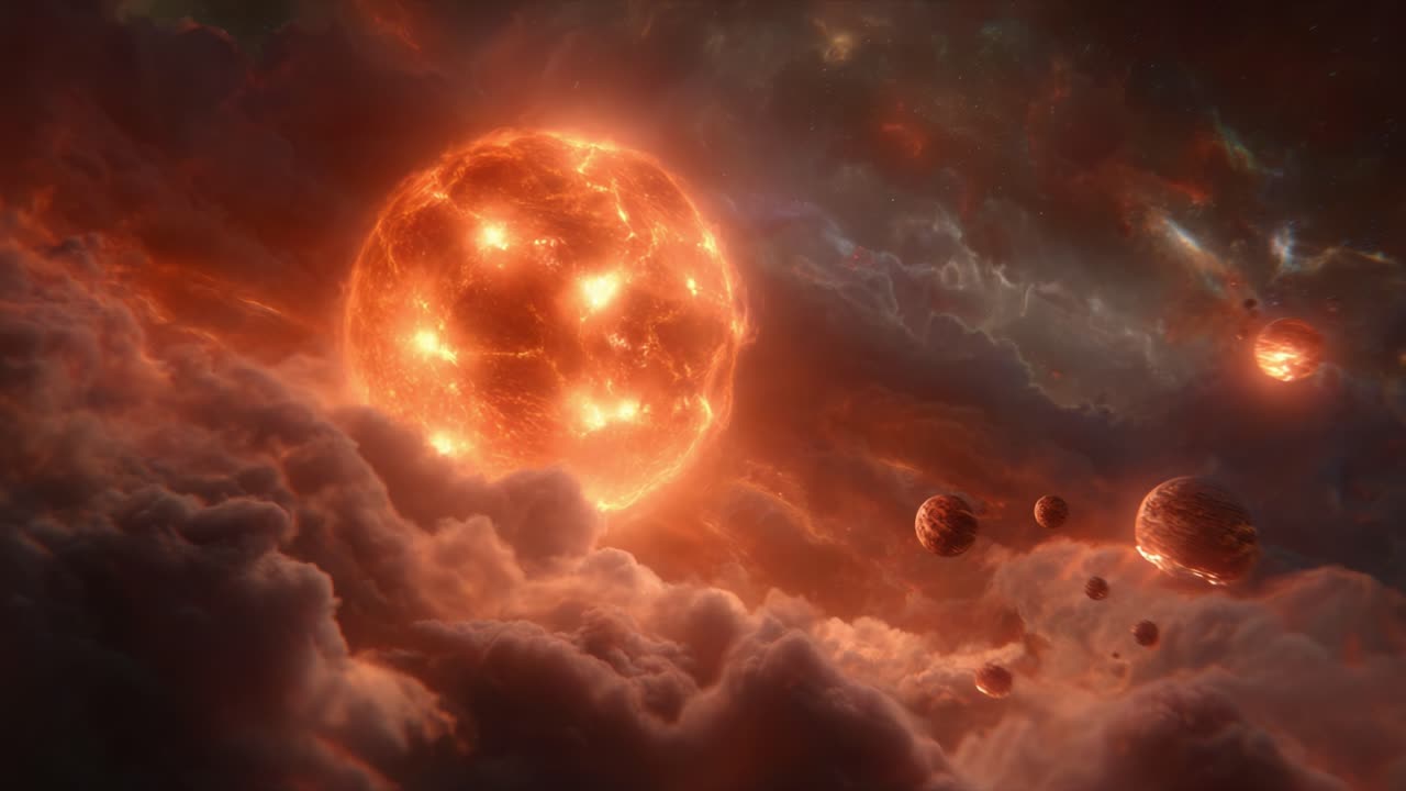 A Brilliant Cosmic Scene with an Energetic Star Surrounded by Planets Amidst Ethereal Clouds, Capturing the Mystique of the Universe and Its Celestial Wonders
