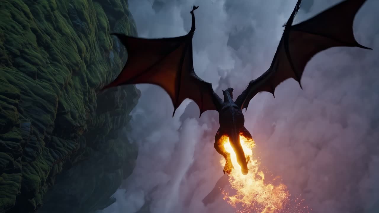 Majestic mythical creature soaring through the sky, breathing vibrant flames above a stunning mountain range, capturing the essence of fantasy and adventure in a breathtaking landscape