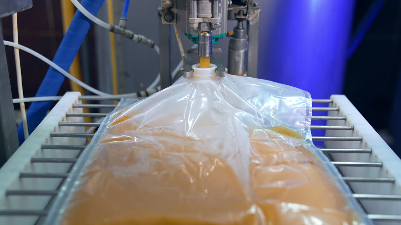 Freshly squeezed apple juice being poured into a big plastic bag. Worker's hands spreading the bag for better filling of juice. Close up.