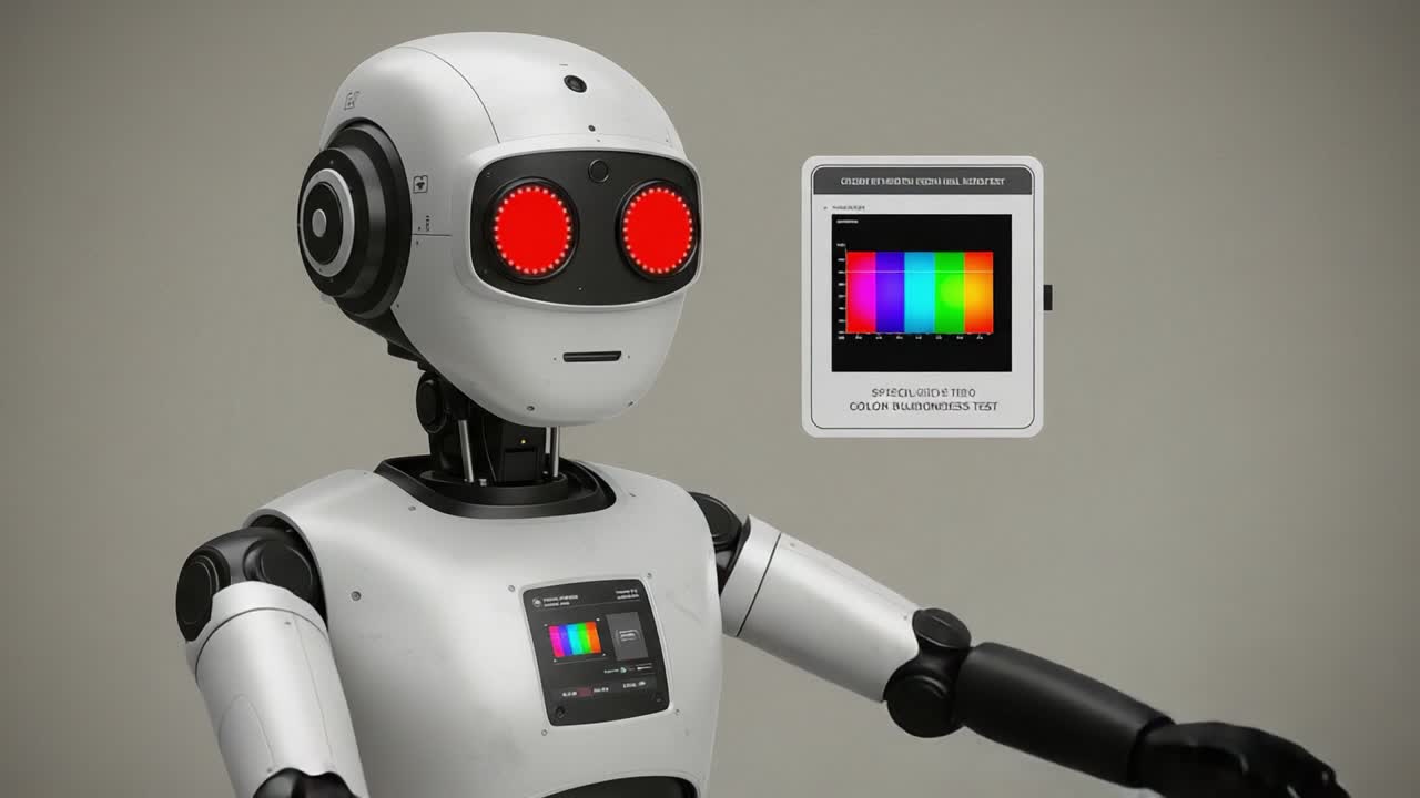 A Futuristic Robot Engaging in Interaction and Color Recognition with a Display, Showcasing Advanced Technology in Robotics and Artificial Intelligence