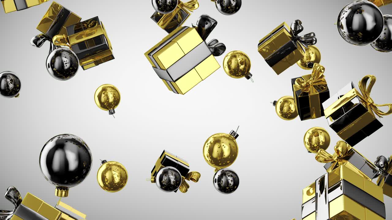 크리스마스와 새해 배경: 금과 검은 크리스마스 공과 활이 있는 반이는 선물 상자, 루프 4k 3d 애니메이션