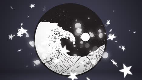 animation of white stars floating over asian traditional illustration in circle