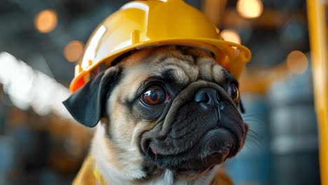 a small dog wearing a yellow hard hat. the dog has a sad expression on its face. concept of humor and playfulness