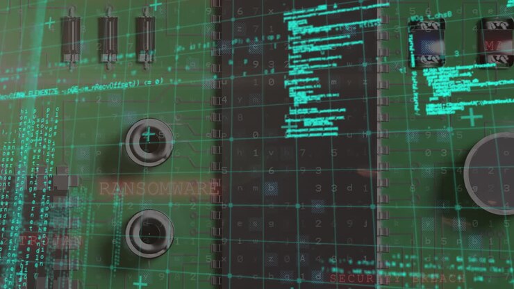 Animation of data processing over computer circuit board on green background