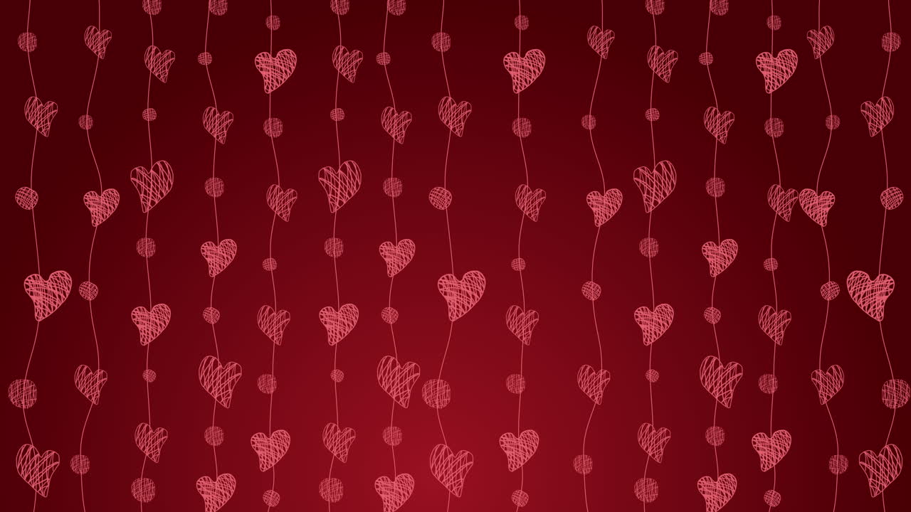 Romantic animated pattern of hanging wavy curtains with painted hearts. Red love looping motion graphics.