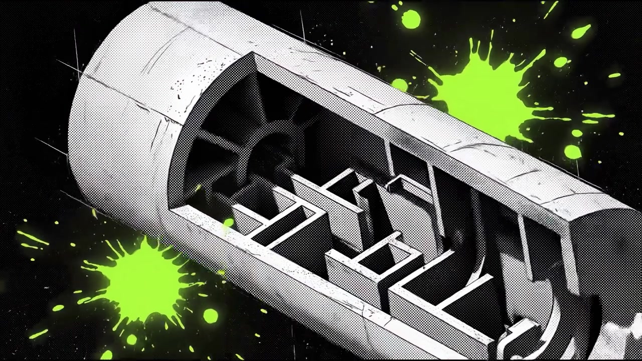 Rotating Cylindrical Maze Structure with Neon Green Paint Splatters