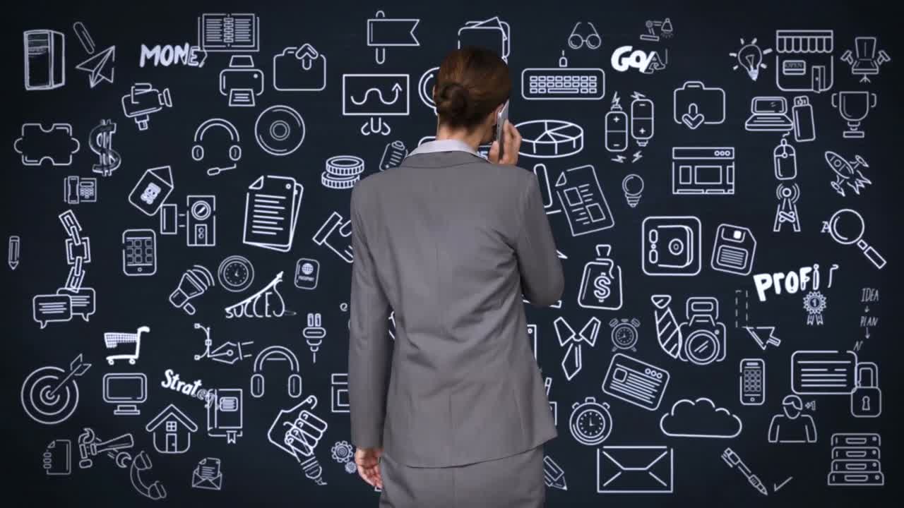Businesswoman on the phone facing tech interface