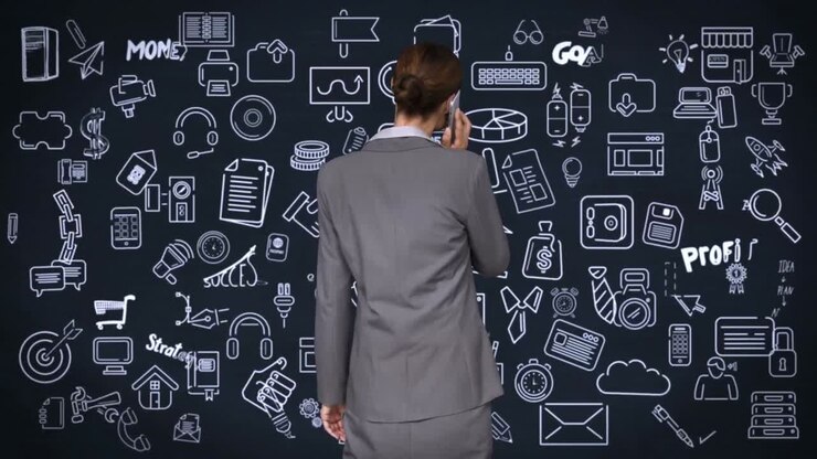 Businesswoman on the phone facing tech interface